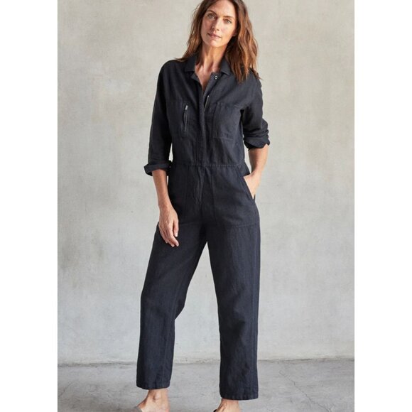 Outerknown Station Jumpsuit in Pitch Black Long Sleeve Cotton Linen Size Large - Picture 1 of 8